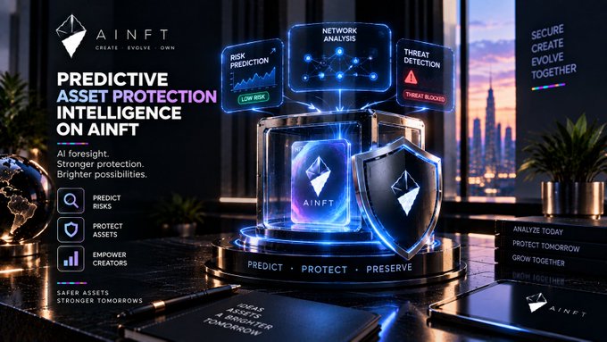 A promotional graphic for AINFT with the tagline 'Predictive Asset Protection Intelligence on AINFT' and 'AI foresight. Stronger protection. Brighter possibilities,' featuring icons for Risk Prediction, Network Analysis, and Threat Detection.