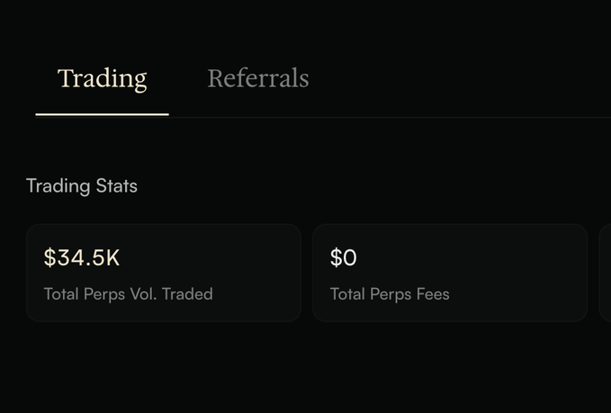 A dark-themed trading statistics dashboard showing tabs for 'Trading' and 'Referrals', with Trading Stats displaying $34.5K Total Perps Vol. Traded and $0 Total Perps Fees.