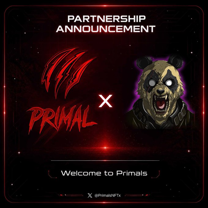 A partnership announcement graphic with red 'PRIMAL' claw-mark logo on the left and a menacing bear-like creature on the right, captioned 'Welcome to Primals' with handle @PrimalsNFTx.