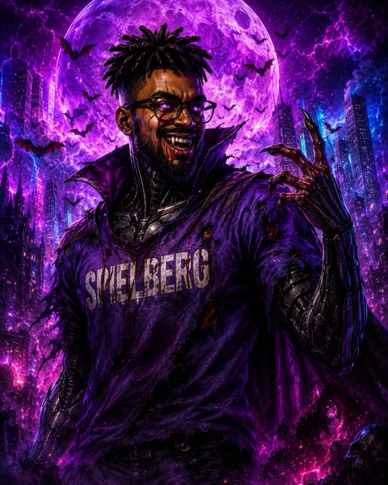 The image features a man dressed as a character from a video game with purple clothing and glasses, standing against a backdrop of a city skyline at night. The man appears to be wearing a purple shirt that says "SVELBERG" on it. He is holding up his hand in the air, possibly posing for a photo or engaging with someone who is taking the picture.