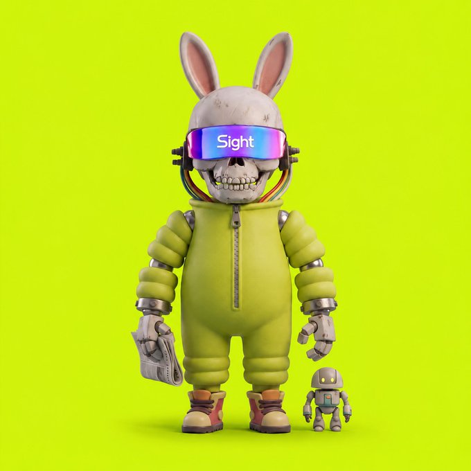 A 3D rendered character featuring a skull with bunny ears, wearing neon green futuristic clothing and a VR headset displaying 'Sight', accompanied by a small robot on a matching green background.
