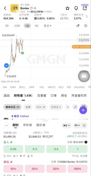 A mobile trading app interface showing Bonke (BONKE) token at $0.031616 with a 7.11% gain, displaying a price chart and buy/sell order entry section with various percentage options.