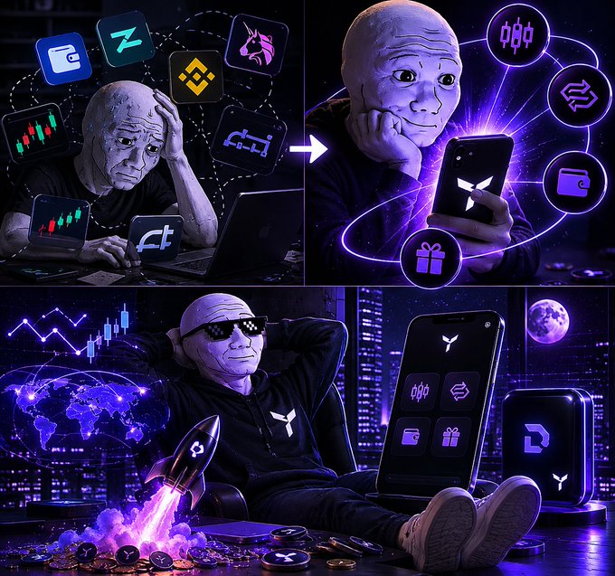 This collage features a man wearing a mask with a laptop computer sitting in front of him, presumably working or browsing the internet. The masks are spread across multiple images, each depicting different scenes such as cities filled with people using laptops, financial transactions taking place on screens, and various objects symbolizing wealth and technology. The image appears to be related to the post about crypto products, where it suggests the concept of decentralization in a cryptocurrency-oriented context, emphasizing that trading, spending, earning, and rewards can now be conveniently integrated into one connected experience through an app like Tria.