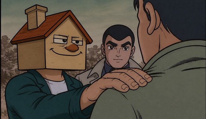 Two men, one wearing a cartoonish house mask, confront another man in an over-the-shoulder shot in an anime-style illustration, capturing a tense face-off moment.