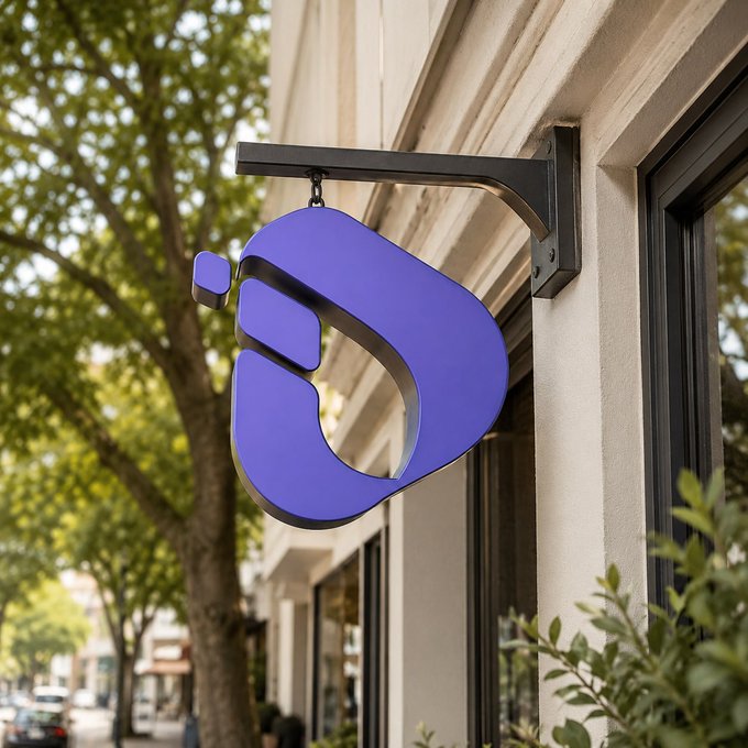 A purple, stylized "i" sign hangs from a building bracket on a city street, with the accompanying post indicating that this signage marks the arrival of InterLink's Private Mainnet in Seoul, symbolizing a new chapter for the Human Network built on real user contribution.