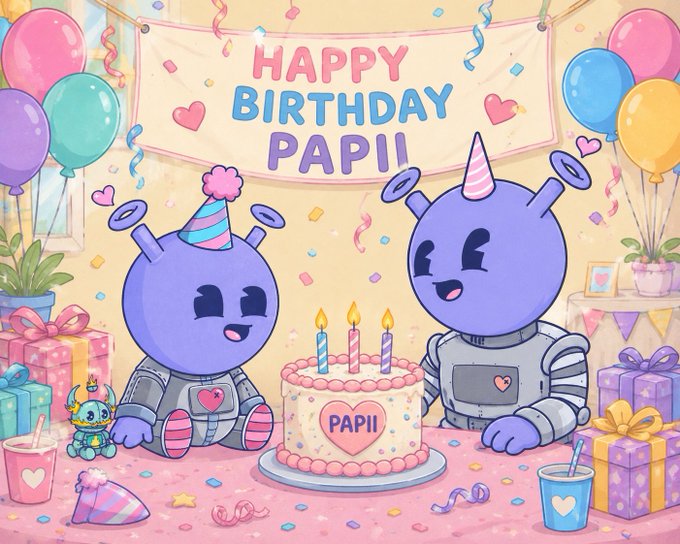 A colorful birthday illustration with two purple robot characters celebrating in front of a 'HAPPY BIRTHDAY PAPII' banner, a cake with candles, balloons, and gifts.