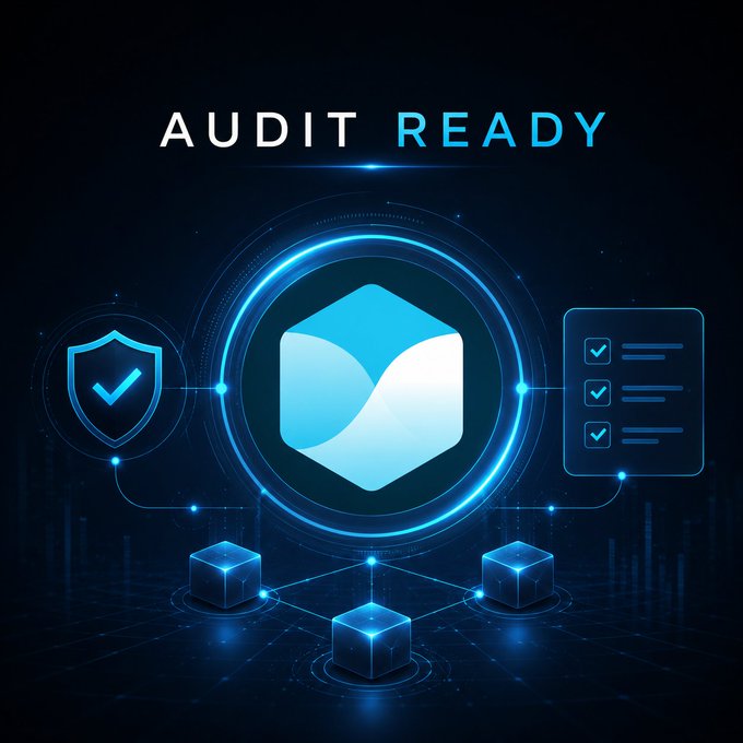 A dark blue tech-styled graphic displays "AUDIT READY" at the top, featuring a central 3D cube flanked by a shield with a checkmark on the left and a checklist panel on the right, with smaller connected cubes below—visually reinforcing the post's message that TermMaxFi is preparing TermPrime for Canton with specialized Daml-experienced auditors, emphasizing that audit preparation is a serious, distinct effort beyond typical DeFi deployments.