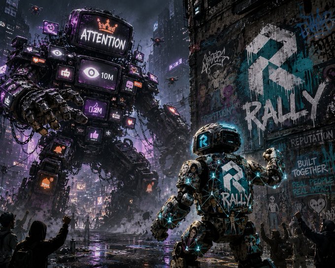 A cyberpunk-style digital artwork depicting a giant mech displaying social media metrics including 'ATTENTION' with a crown, '10M' eyes, and '0.2M' likes, towering over a smaller 'RALLY' robot in a graffiti-covered urban environment with 'BUILT TOGETHER' and 'REPUTATION' text.