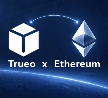 Promotional graphic featuring the Trueo cube logo and Ethereum diamond logo connected by an arc, with text reading 'Trueo x Ethereum' against a space-themed blue background.