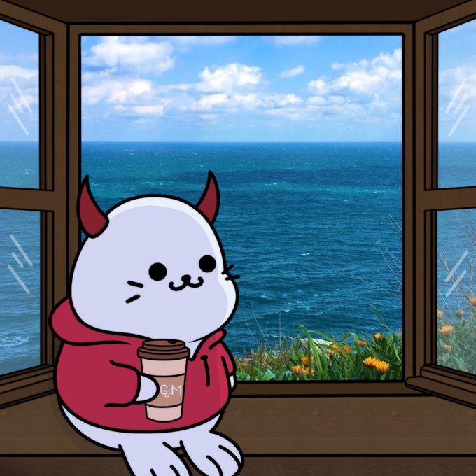 A cartoon cat-like character with red horns and a red hoodie sits by a window holding a coffee cup labeled 'GM', overlooking the ocean.