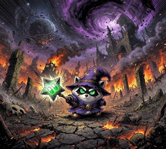 A fierce kitten dressed as a wizard in a purple robe and pointed hat wields a glowing green star-shaped staff amid a fiery, apocalyptic battlefield with ruined castles, swirling purple skies, and skulls scattered across the cracked ground, channeling the magical chaos implied by the "You’re a wizard, Jimothy" post.
