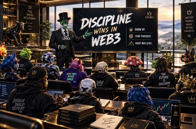 An illustrated scene titled "THE WEB3 ACADEMY" depicts a green-skinned figure in a top hat presenting at a screen reading "DISCIPLINE WINS IN WEB3" to an audience of various avatars in black hoodies adorned with crown logos and web3-related slogans like "DEGEN BUILD REPEAT."