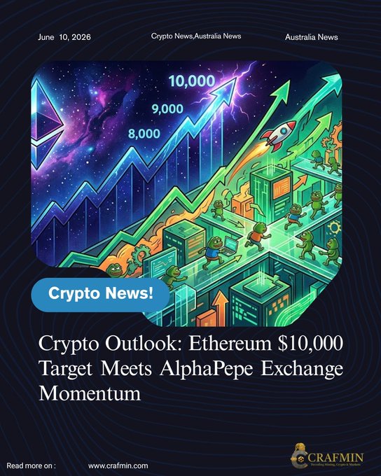The image features a poster with an illustration of a cityscape, which includes buildings and people. The poster also contains text that reads "Crypto Outlook" and "Ethereum $10,000 target meets AlphaPepe exchange momentum". This suggests that there is a connection between the city's growth and the potential growth of Ethereum and AlphaPepe in the cryptocurrency market.