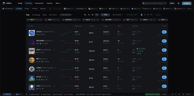 A screenshot of the Sidebar Terminal's "Trending" tab displays the "All-time" leaderboard, featuring tokens like USDC, ARCANINE, BBQ, COREY, STIVE, and URDC with their market caps and price changes, promoting the platform as a fast-trading and early bridging solution for the Arc ecosystem.
