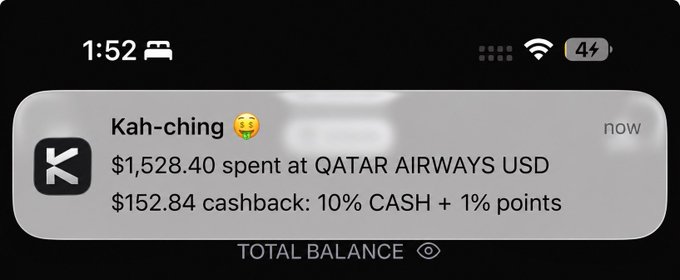 An iPhone notification from "Kah-ching" reads: "$1,528.40 spent at QATAR AIRWAYS USD, $152.84 cashback: 10% CASH + 1% points," visually confirming the Singapore flight booking mentioned in the post with $152 in cashback earned through KASTxyz for Token2049.