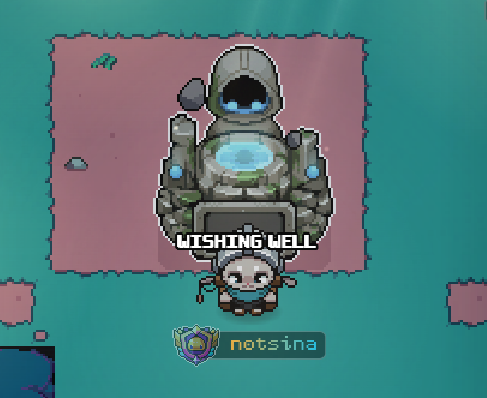 A pixel art video game scene shows a character interacting with a machine labeled "WISHING WELL," with a "netsina" logo and badge at the bottom.