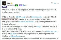 The image shows a Twitter/X thread from ORO (@0x0ro) titled "ORO has no plan of slowing down. Here's everything that happened in the last seven weeks," which outlines recent achievements including a $2M seed raise, hiring, partnerships with @BTv2HARTERERNAL and @Blacktfish, securing 100,000 AWS credits, and announcing an airdrop campaign—relating to the post's alert about the upcoming ORO Airdrop on ZIGChain.