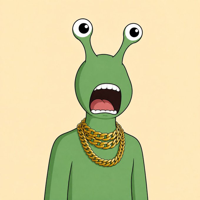 A cartoon green alien with large stalk eyes and an open, shocked expression wears two thick gold chains around its neck, fitting the "GTD MINT IS LIVE" post about a hyped NFT drop on OpenSea.