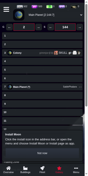 A screenshot of a mobile browser or app interface showing resource counters (502, 500, 0, 0, 0) at the top, coordinates G: 2, S: 144, and a list of planets including 'Colony' and 'Main Planet (*)', with an 'Install Moon' popup at the bottom and navigation tabs (Overview, Buildings, Fleet, Galaxy, Menu).