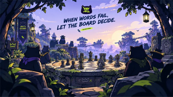An illustrated fantasy scene shows anthropomorphic black cats playing chess on a stone board, with the text 'WHEN WORDS FAIL, LET THE BOARD DECIDE' displayed prominently under a 'TOWN OWLS' logo.