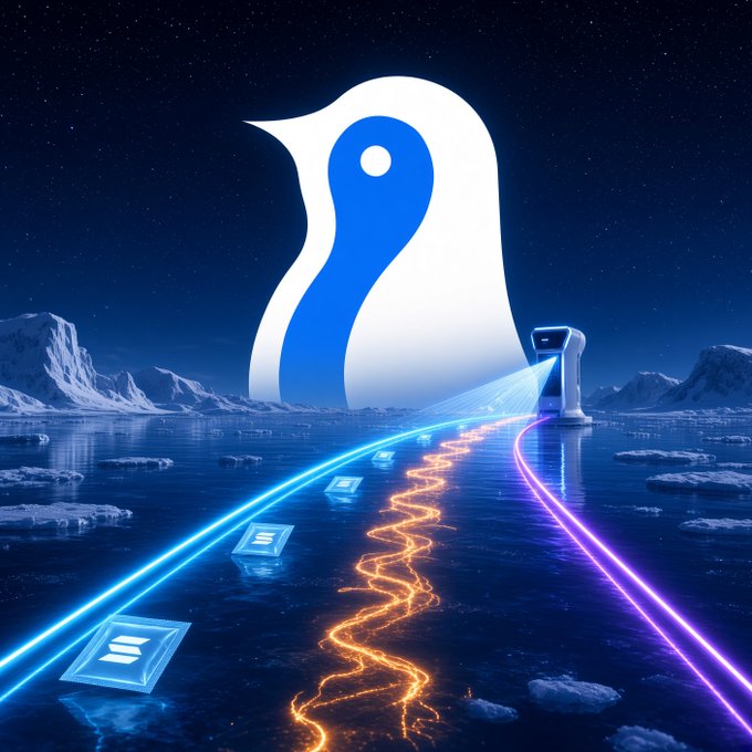 A large, stylized penguin logo stands against a starry night sky over an icy landscape, with glowing neon lines and data streams flowing across the foreground.
