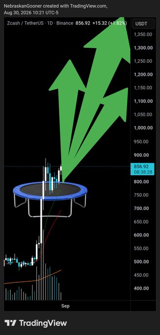 A Zcash (ZEC) chart on Binance shows the price at $856.92 (+1.82%), with a "trampoline" illustration at the $850 support level and multiple big green arrows pointing upward toward and beyond the $1,000 target.