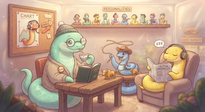 A cartoon illustration of snake characters in a room reading "Crypto Chronicles," with signs labeled "CHART," "PERSONALITIES," "MARKET," and "SNAKE-BURGER."
