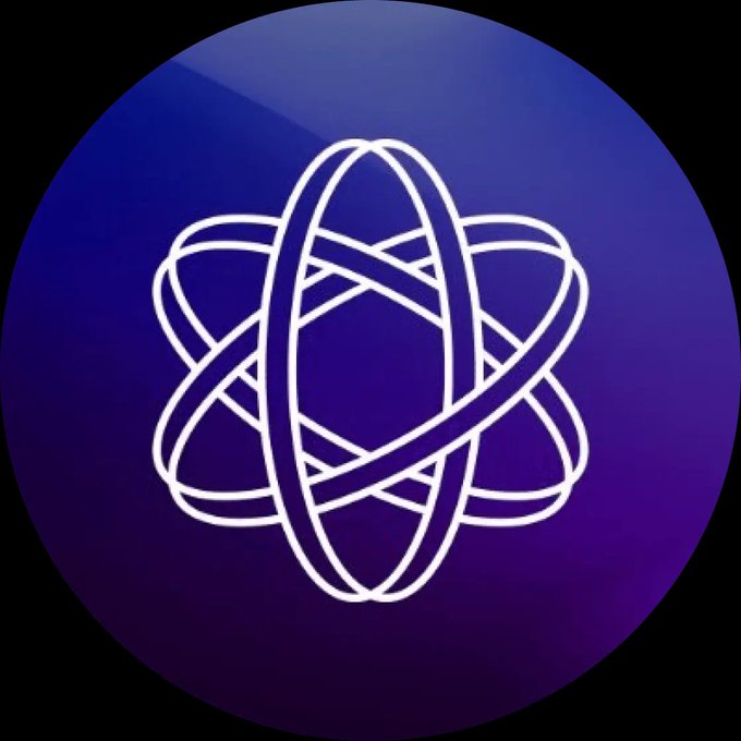 A digital icon features a white, intertwined geometric line design centered on a blue and purple gradient circular background.