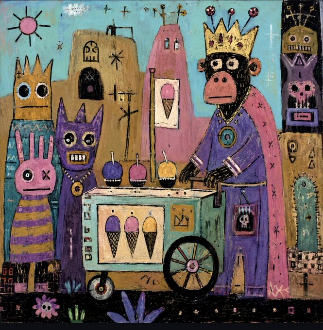 Colorful folk-art style painting depicting a crowned monkey figure operating an ice cream cart, surrounded by various whimsical creatures including cats and suns.