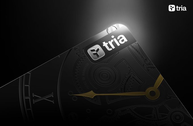 The image features a black and white clock with gold hands against a dark background. The clock has a logo for @useTria, which appears to be promoting cryptocurrency or digital currency. The text "A lot of people want to try crypto" is also present in the image.