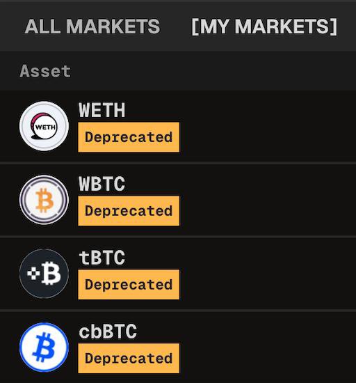 A black screen displays four cryptocurrency logos, including WETH, BTC, CBTC, and DBC, with descriptions of their depreciated status.