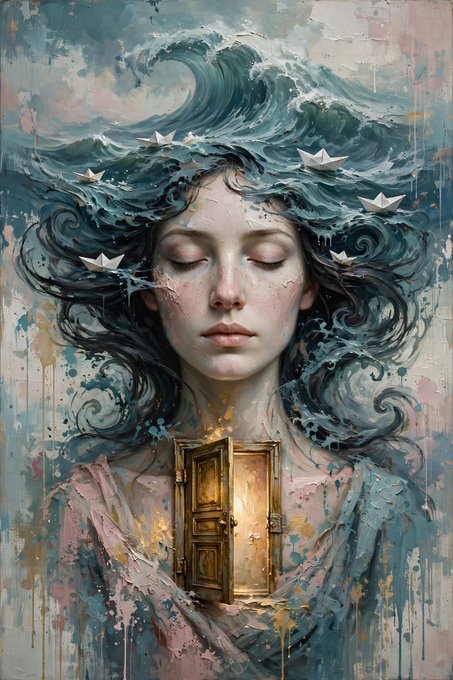 A surreal digital painting of a woman with closed eyes, ocean waves and paper boats emerging from her flowing hair, and an open door visible on her chest.