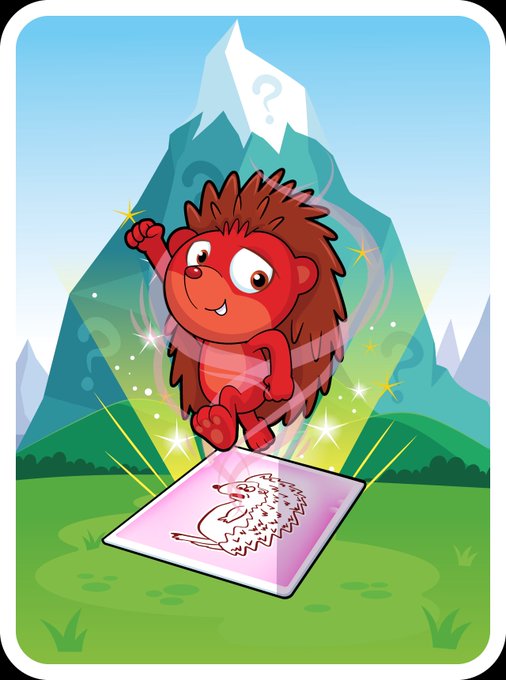 A cartoon illustration shows a red hedgehog character emerging from a holographic projection card featuring a white hedgehog, set against a mountain landscape with a question mark.