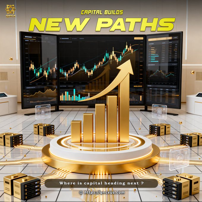The image shows a futuristic trading display featuring golden bar charts with an upward arrow, surrounded by server units and multiple screens showing financial candlestick charts and data interfaces, with the text "CAPITAL BUILDS NEW PATHS" prominently displayed at the top and "Where is capital heading next? https://qncxus.com" at the bottom. The visual reinforces the post's message about evolving markets by illustrating the convergence of traditional financial data with blockchain infrastructure, symbolizing the growth trajectory of tokenized stocks (RWA) and institutional digital asset adoption through its golden ascending bars and glowing circuitry-like pathways.