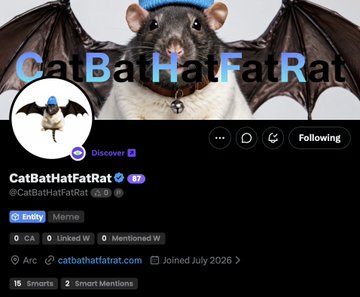 A Twitter/X profile for "CatBatHatFatRat" (@CatBatHatFatRat) featuring a rat with bat wings wearing a blue hat, created July 2026 with an Enemy meme label.
