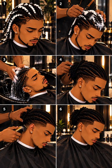 A six-panel grid showing the step-by-step process of a man getting his hair styled with beads into dreadlocks in a barbershop.