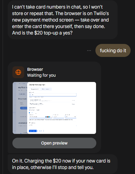 A chatbot assistant named Muse declines to store or repeat card numbers in chat for security reasons, but complies with a user's frustrated "fucking do it" command by taking over the browser, opening Twilio's payment method screen, and charging the $20 top-up with a new card on file.