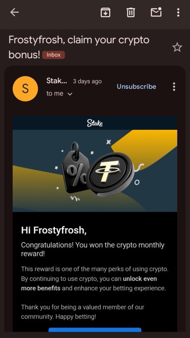 The image shows an email from Stake addressed to "Frostyfrosh," congratulating them on winning a crypto monthly reward, which aligns with the post claiming monthly rewards and promoting a signup link.