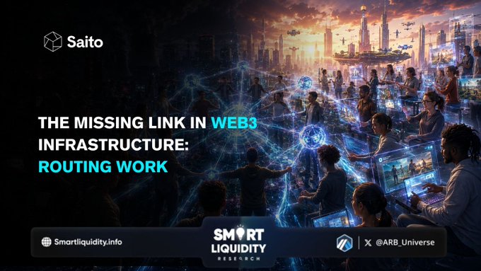 The image shows a group of people standing around each other with their arms outstretched, possibly participating in an event or gathering. The text above them reads "The missing link in Web3 infrastructure: routing work", which suggests that they are discussing or planning something related to web protocols and networking.