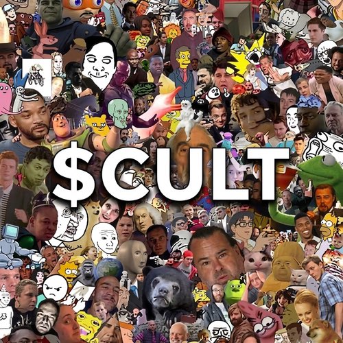 A chaotic meme collage filled with various faces, cartoon characters, and internet culture imagery features the bold text "$CULT" prominently in the center. The image serves as promotional artwork for the $CULT cryptocurrency token launching on Solana via Pump.fun, matching the announced contract address in the post.