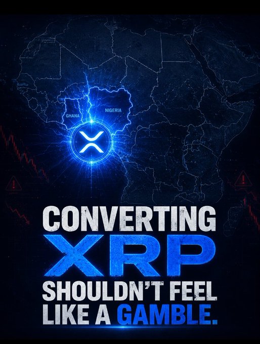 The image features an advertisement for XRP, which is a digital currency. The poster includes a map of Africa and a blue lightbulb symbolizing the conversion process from XRP to money. The text on the poster encourages people not to feel like they are gambling by converting their XRP into money, as it has always been a war between those who want to convert and those who want to keep it in its original form.