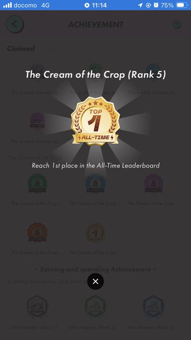 A smartphone screenshot showing a game achievement titled 'The Cream of the Crop (Rank 5)' with a gold 'TOP 1 ALL-TIME' badge, instructing the user to 'Reach 1st place in the All-Time Leaderboard.'