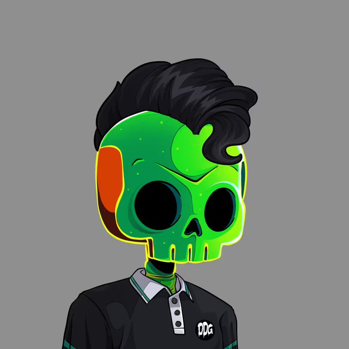 A stylized digital illustration features a figure with a glowing neon green skull for a head, black hair, and a black polo shirt with "DDG" embroidered on the chest, matching the artist's brand @DedGorgez referenced in the post about an art drop.
