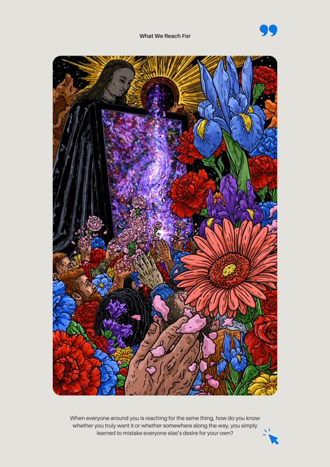 An artistic illustration titled 'What We Reach For' depicting hands reaching toward a tablet displaying a galaxy, surrounded by vibrant flowers including a large pink gerbera daisy.