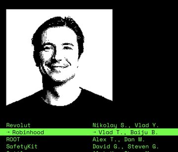 A pixelated black-and-white portrait of a smiling man is displayed above a green horizontal bar containing text identifying him with companies "Revolut" and "Robinhood," alongside a list of names including "Nikolay S., Vlad V., Vlad T., Baiju B., Alex T., Dan M., David G., Steven G." The image's caption and the referenced post ("tip of the icebeЯg") suggest this is part of a roster hinting at a broader, undisclosed group of people or entities.