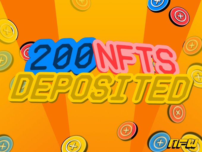 Bold graphic on a vibrant orange background with exclamation marks reads "200 NFTS DEPOSITED," celebrating the milestone of 200 NFTs (including Degods, Mad Lads, SMBs, Claynos, Bulls, and Frogs) being backed in the pool for depositors to earn from pulls.