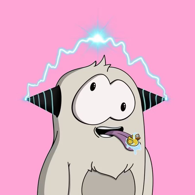 A cartoon illustration of a surprised gray creature with black striped ears, having blue electricity arcing between its horns and a small yellow duck on its tongue, set against a pink background.