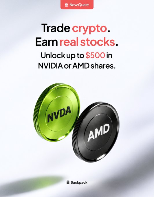 A promotional graphic for Backpack's "New Quest" campaign, featuring two large 3D coins labeled "NVDA" (green) and "AMD" (black), with text reading "Trade crypto. Earn real stocks. Unlock up to $500 in NVIDIA or AMD shares," advertising a reward program for users who trade crypto perpetuals and spot markets on backpack.exchange.