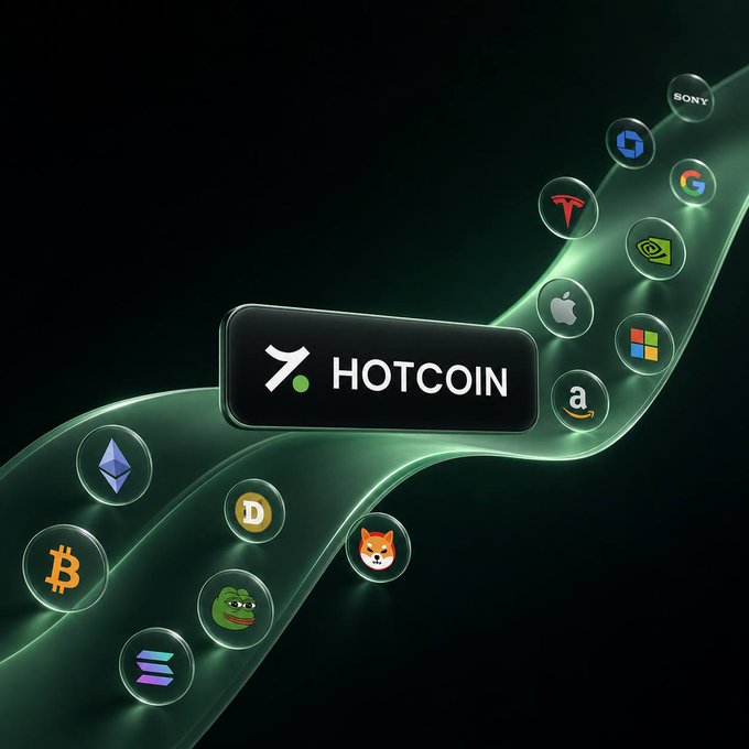 A promotional image for HOTCOIN featuring a glowing green wave with cryptocurrency logos (Bitcoin, Ethereum, Solana, Dogecoin, PEPE) and major company logos (Apple, Tesla, NVIDIA, Google, Microsoft, Amazon, Sony) floating along it.