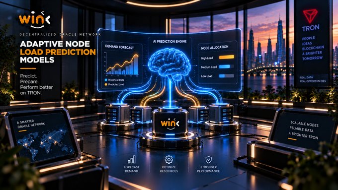 A promotional graphic for 'win' (Decentralized Oracle Network) advertising 'Adaptive Node Load Prediction Models' with features like 'Predict, Prepare, Perform better on TRON,' showing an AI brain interface, demand forecast charts, and node allocation panels in a futuristic cityscape setting.